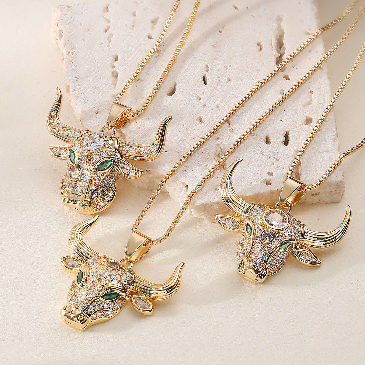 Hip-hop Minimalist Gold Plated Brass Bull Head Pendant Necklace with Cubic Zirconia