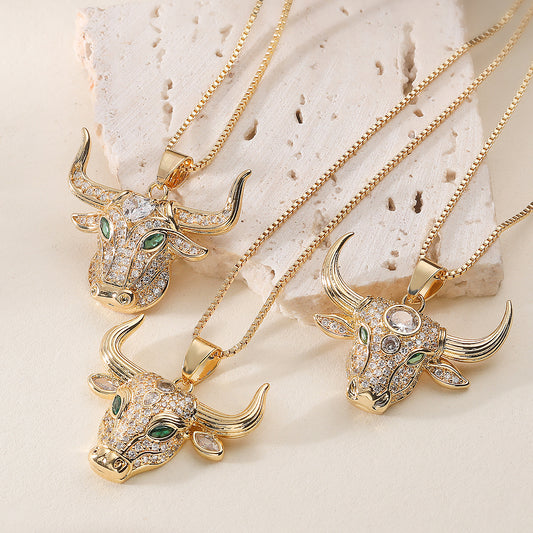Hip-hop Minimalist Gold Plated Brass Bull Head Pendant Necklace with Cubic Zirconia