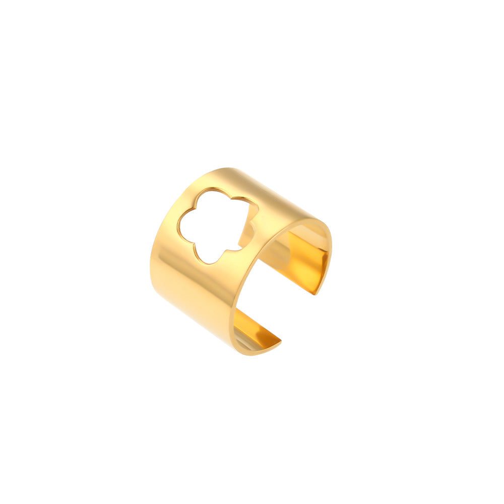 Minimalist Adjustable Butterfly and Crescent Moon Ring for Women in Electroplated 18K Stainless Steel with Hollow-Out Geometric Design