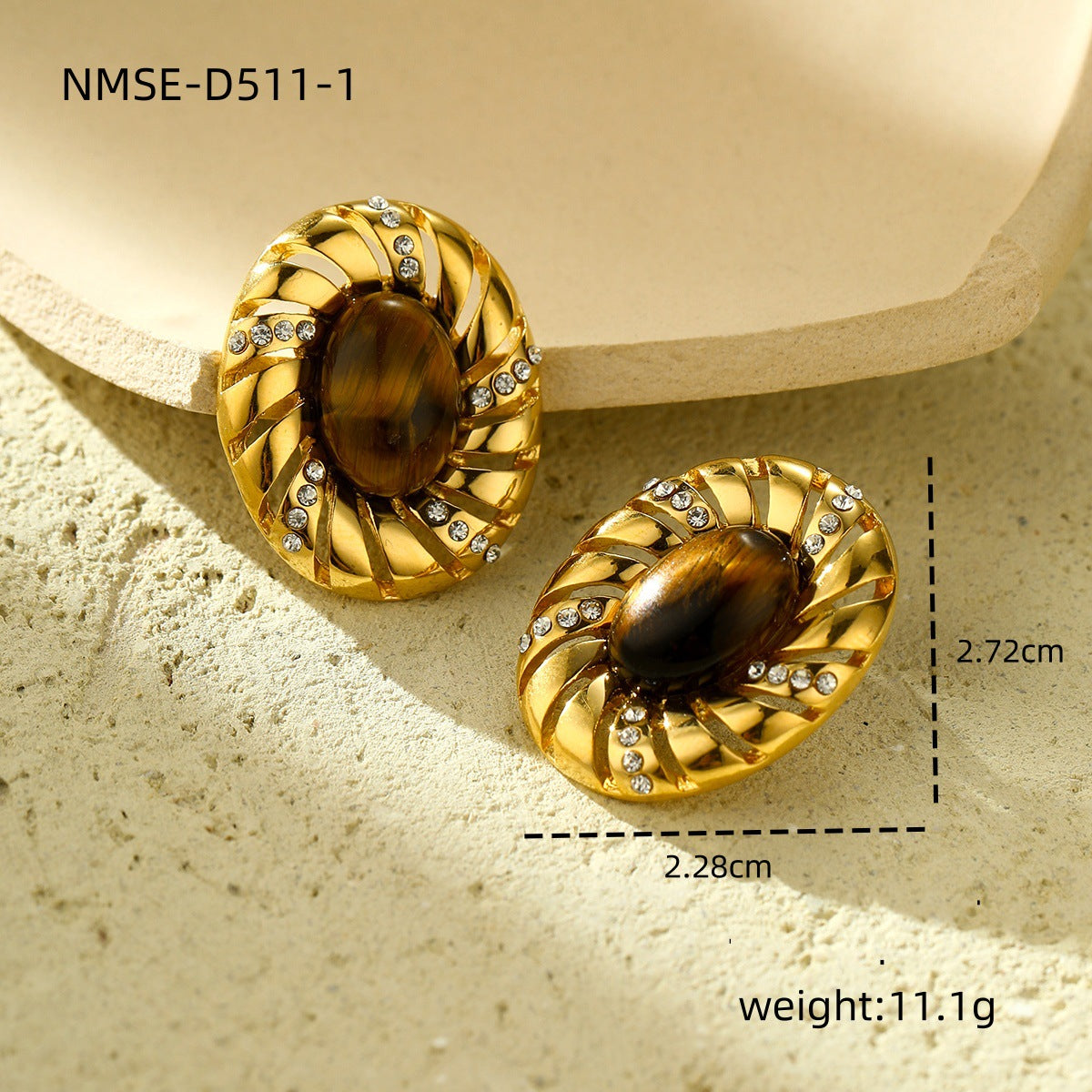 Fashionable Oval Tiger Eye Rhinestone-Set Titanium Steel Earrings for Women with Plated Finish and Geometric Design