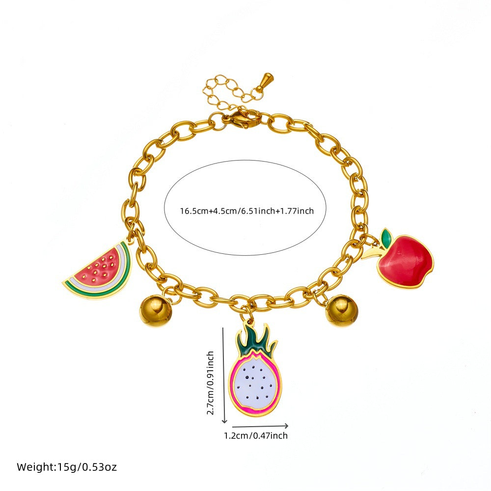 Cartoon Fruit-Shaped Enamel Pendant Bracelet for Women with Stainless Steel Chain in Dragon Fruit Watermelon and Apple Designs