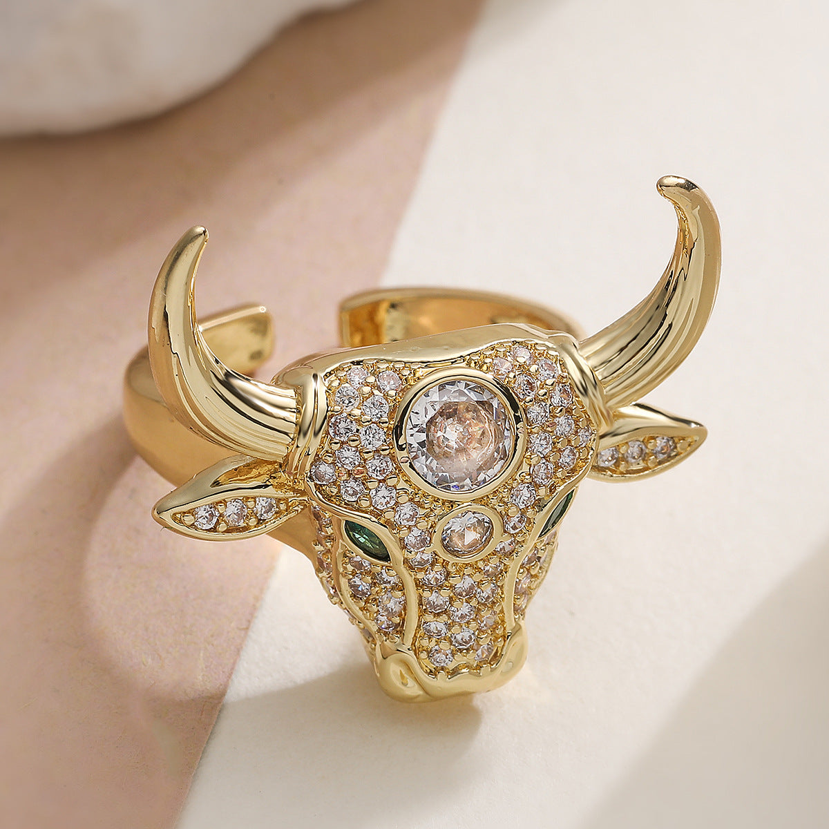 Hip-hop 18K Gold Plated Geometric Brass Ring with Cubic Zirconia for Women
