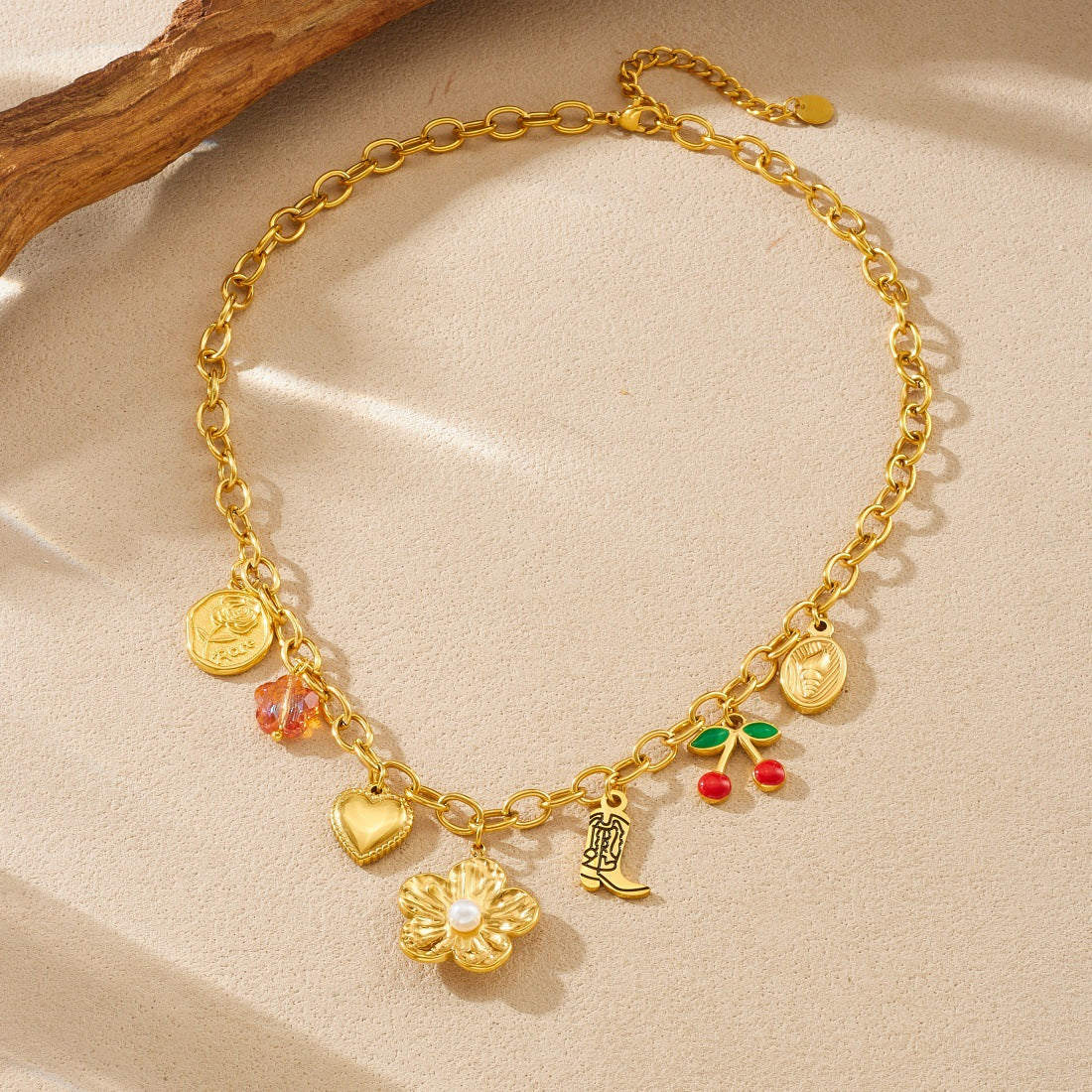 Sweet Gold Plated Drip Oil Cherry Flower Pearl Stainless Steel Necklace for Women