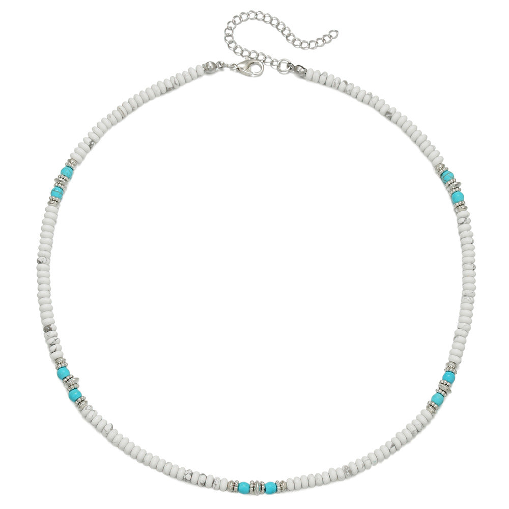 Bohemian Geometric Natural White Turquoise Beaded Necklace Cable Chain Unisex
