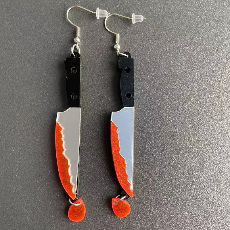 Punk Style Shark Animal Acrylic Earrings with Blue Glitter and Blood-Drop Knife Design for Halloween