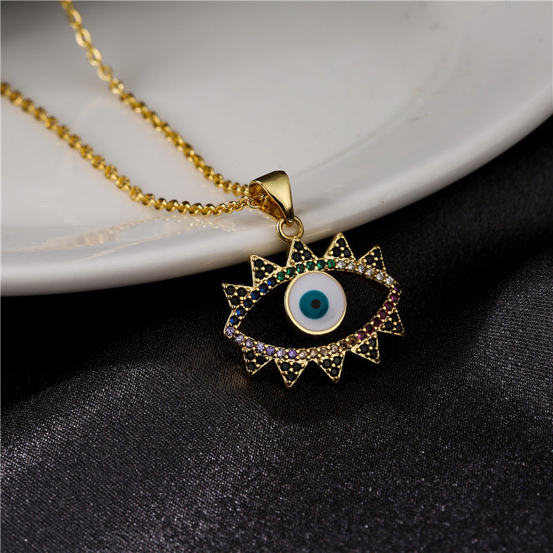 Geometric Brass Evil Eye Pendant Necklace with Micro-Inlaid Cubic Zirconia for Women