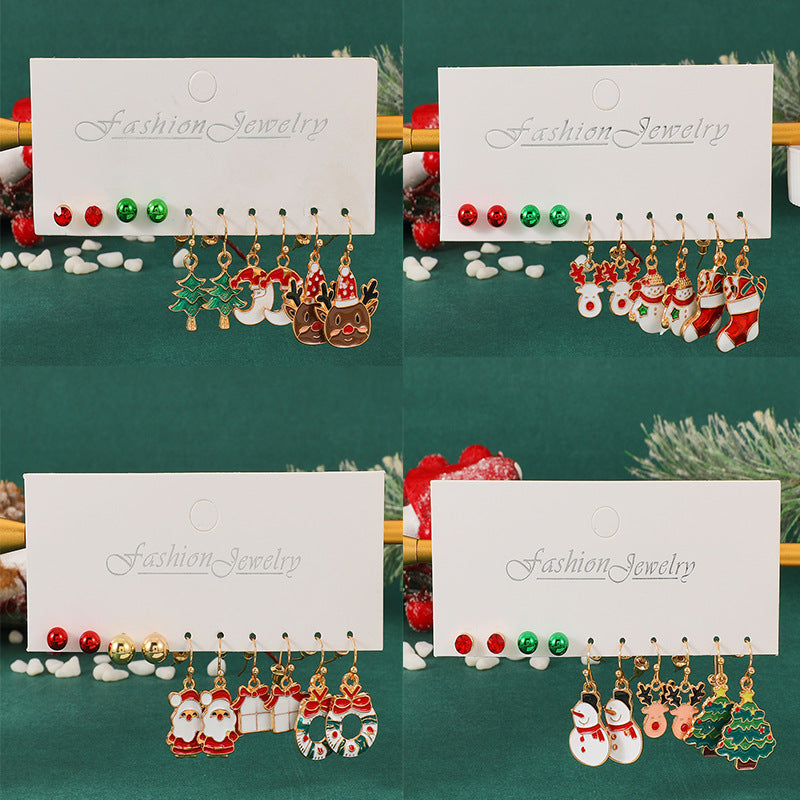 Juego de pendientes de aleación con temática navideña para mujer con dijes esmaltados de ciervo y Papá Noel, diseño geométrico, acabado chapado