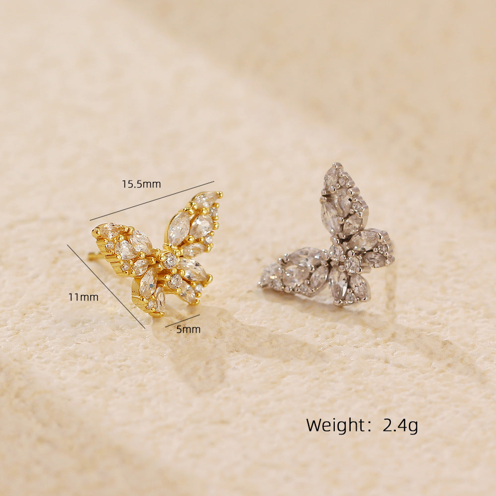 Orecchini a Perno in Argento Sterling S925 a Forma di Farfalla Dolce e Audace con Intarsio di Strass e Finitura Placcata
