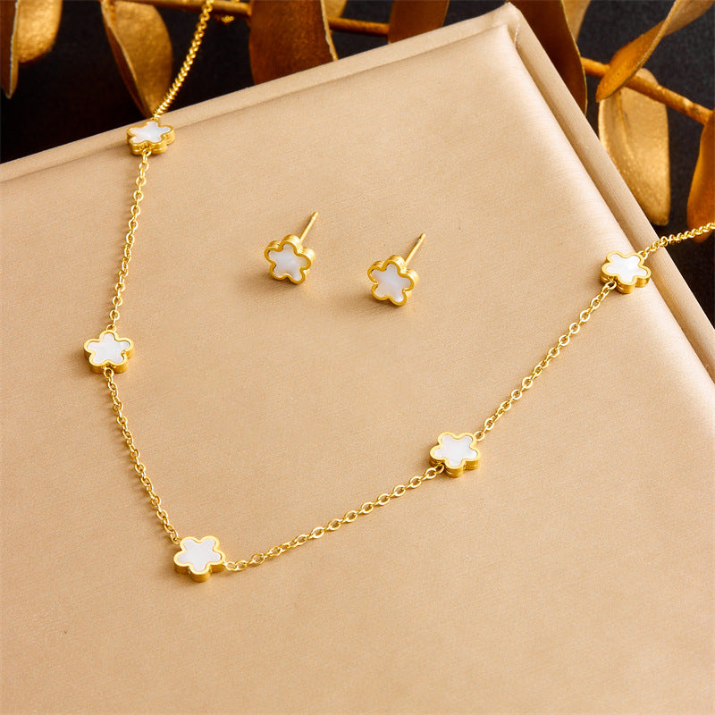 Vintage Minimalist Business Casual Plated Stainless Steel Flower Pendant Necklace Earrings Bracelet Set