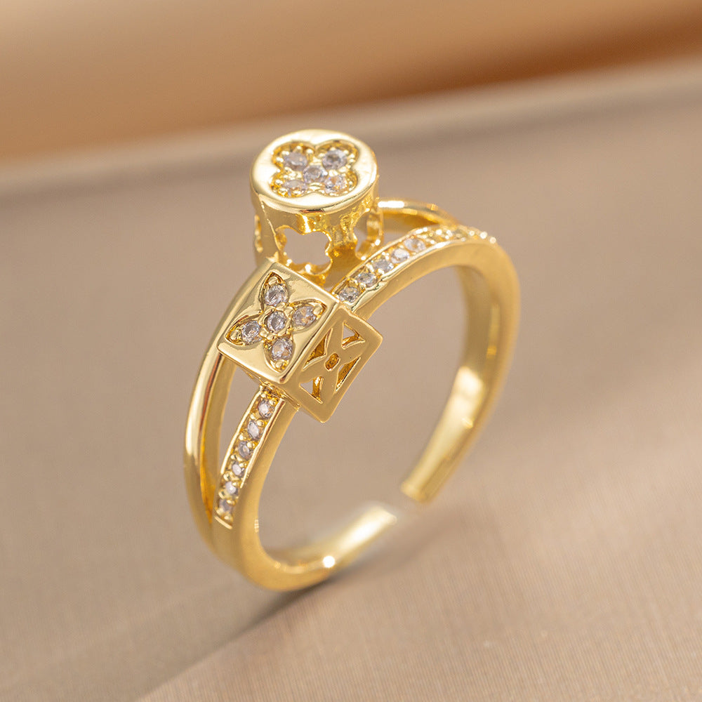 Luxury Minimalist Adjustable Open Ring for Women with Gold-Plated Copper Band and Zircon Stone Accent in Heart and Floral Shape