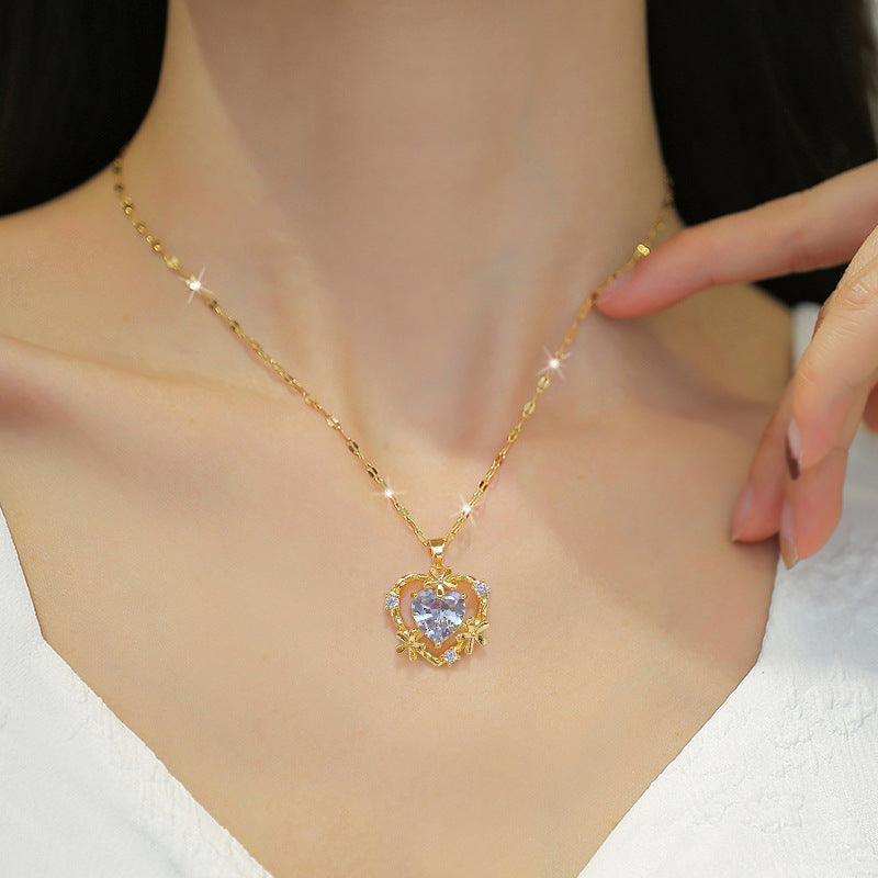 Luxury Heart Flower Geometric Titanium Steel Necklace and Earrings Set for Women