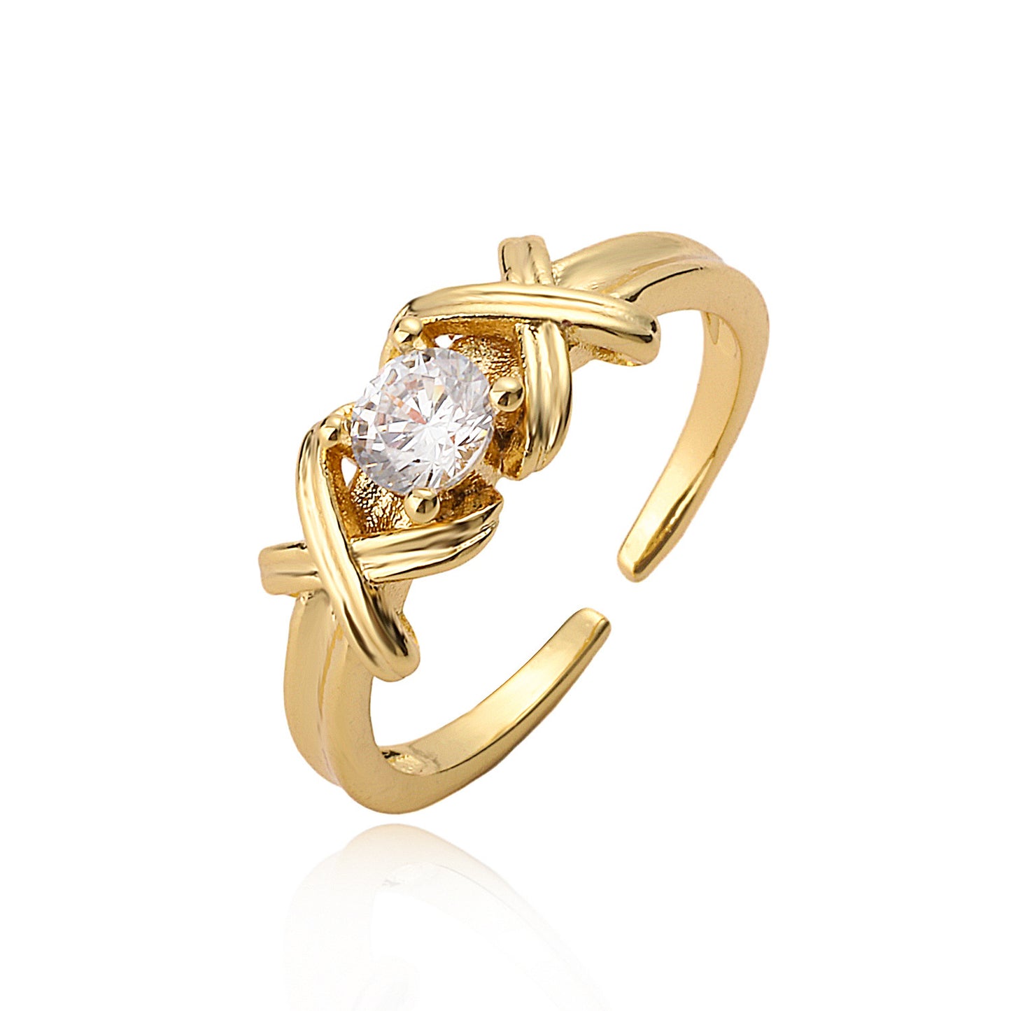 Anello regolabile geometrico minimalista in rame placcato oro autentico con intarsio di zirconi per donna