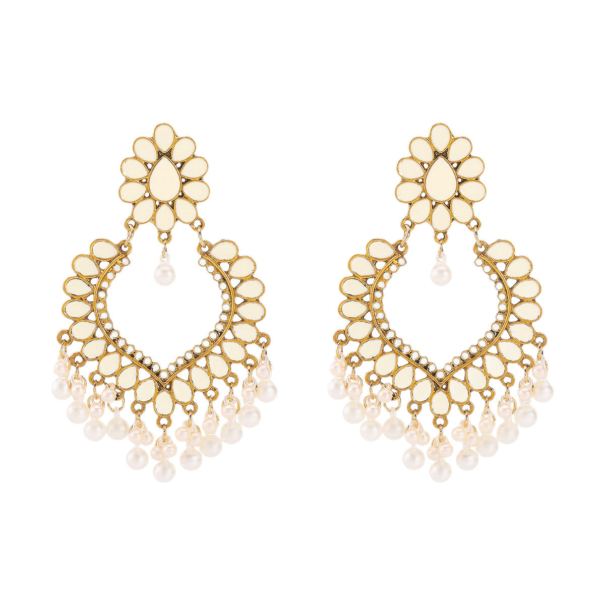 Vintage Palace Style Geometric Resin Post Enamel Earrings with Pearl Tassels for Women