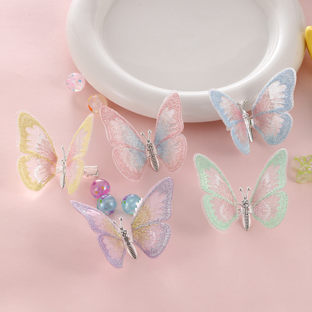 Fermaglio per capelli a farfalla dolce per bambini Fermaglio ricamato a mano in tessuto con ali mobili Accessorio laterale per capelli in stile principessa