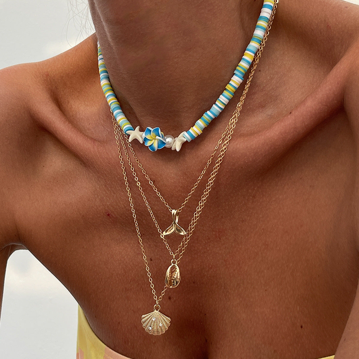 Vacation Style Seashell Pendant Necklace for Women with Polymer Clay and Imitation Pearl Accents on Copper-Plated Iron Chain