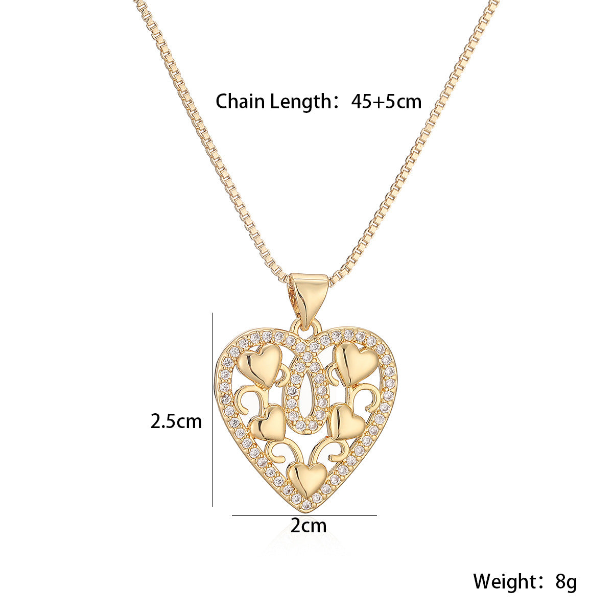 Minimalist Elegant 18K Gold Plated Brass Heart Cubic Zirconia Pendant Necklace for Women