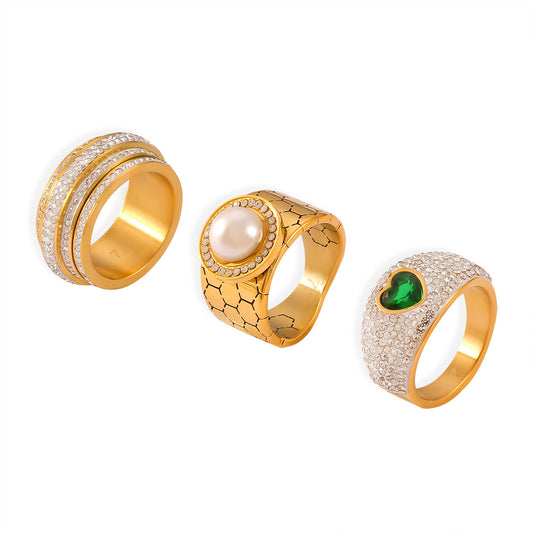 Luxury Geometric Heart Shaped Gold Plated Titanium Steel Ring with Freshwater Pearl and Gemstone Inlay for Women