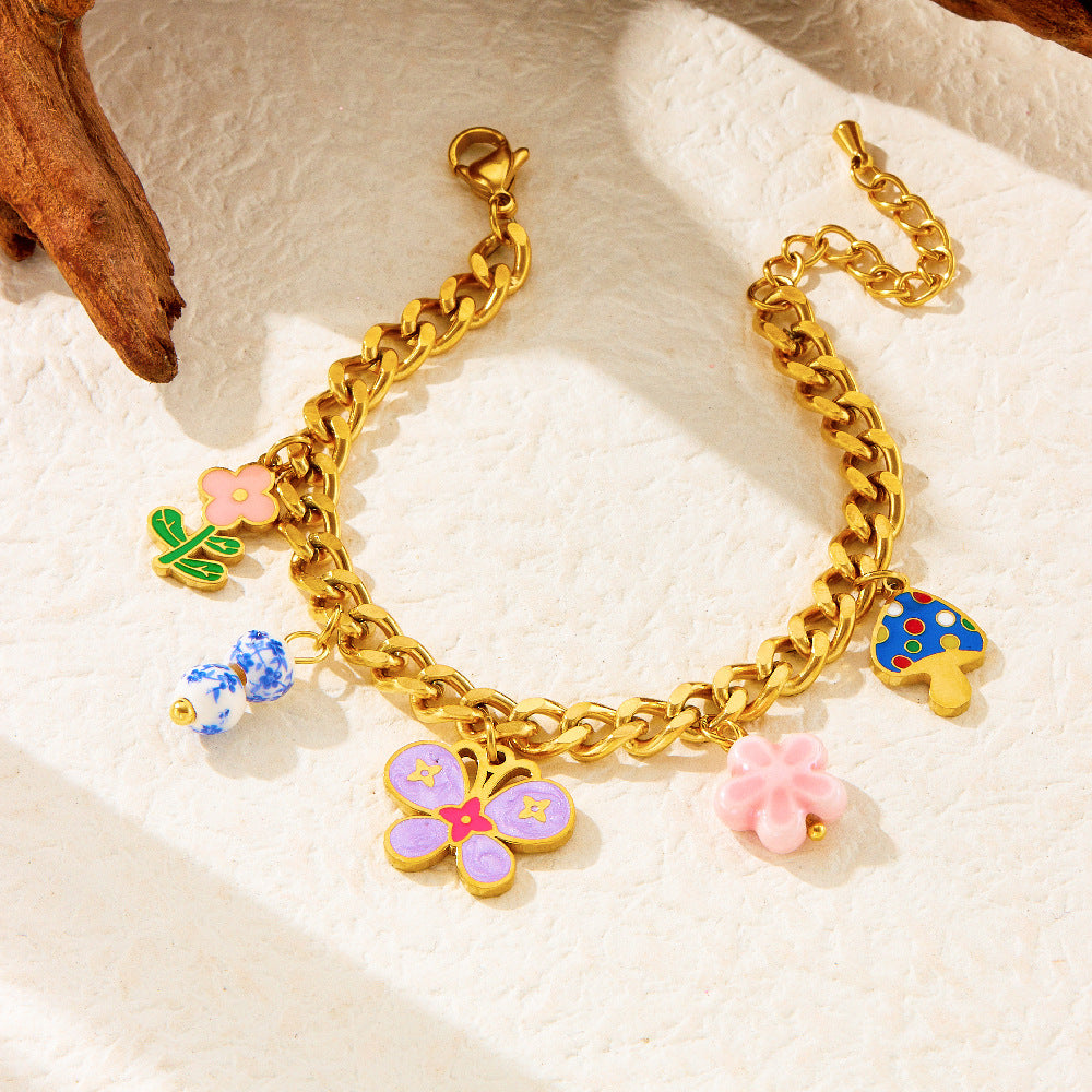 Sweet Colorful Drip Oil Flower Butterfly Pendant Gold Plated Stainless Steel Jewelry Set with Cable Chain