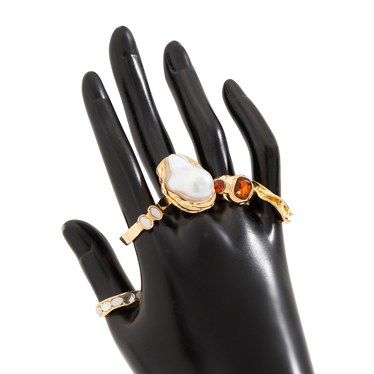 Minimalist Floral Geometric Open Ring with Imitation Pearl Accents and Rhodium Plating for Women