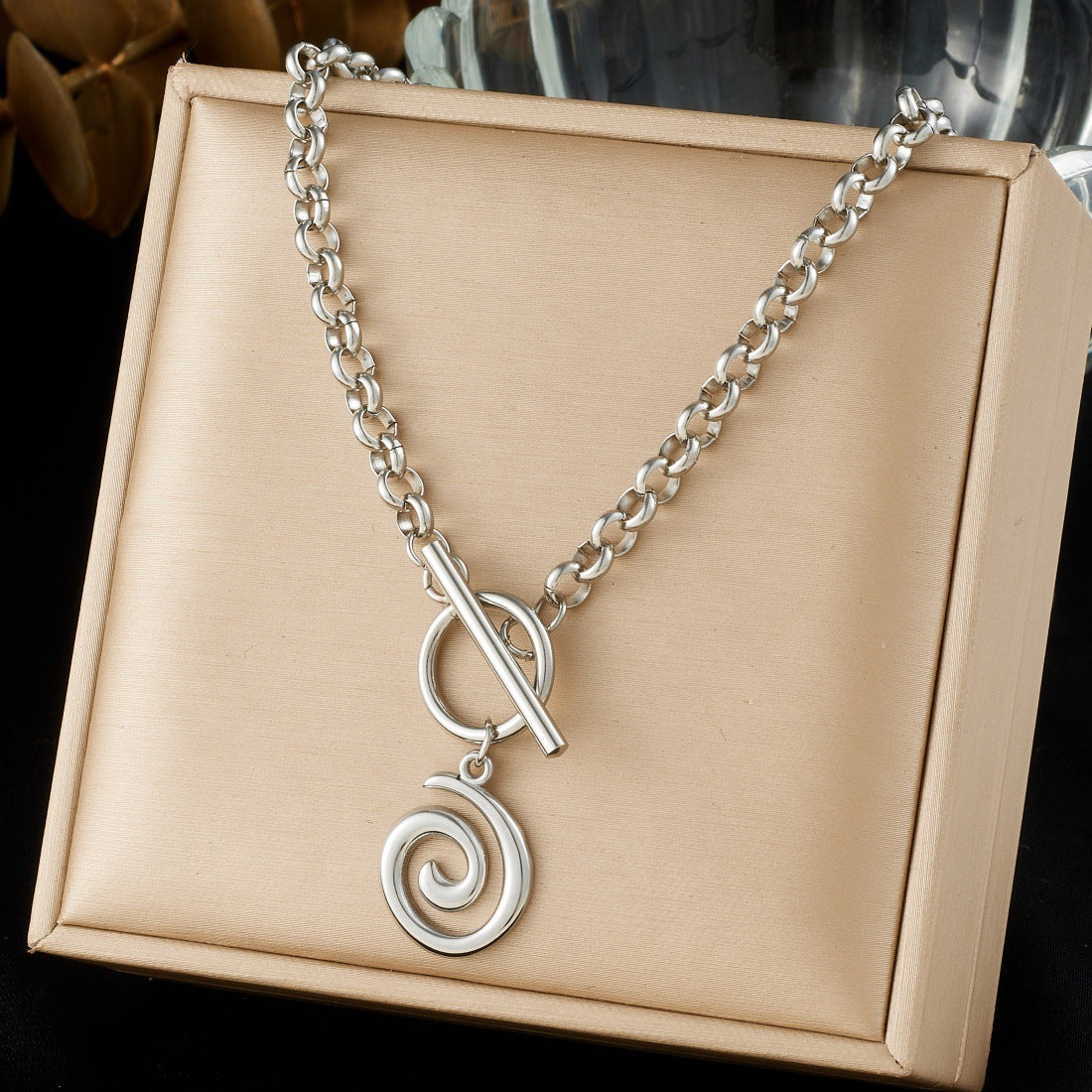 Punk Hip-hop Vintage Gold Plated Stainless Steel Geometric Spiral Ring Pendant Necklace with OT Clasp and Cable Chain