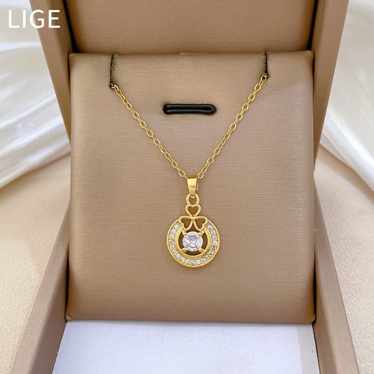 Collar minimalista de acero de titanio en forma de trébol con incrustaciones de diamantes de imitación para mujer y hombre, cadena delicada para clavícula
