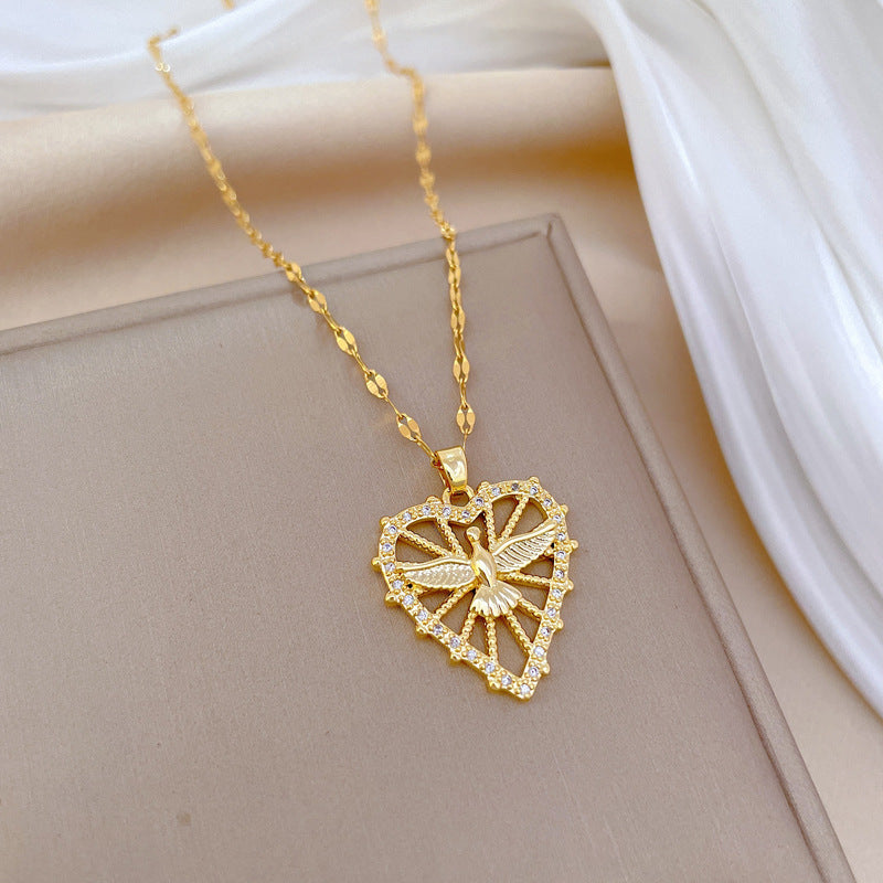 Collana Minimalista a Cuore in Acciaio al Titanio con Motivo Fenice da Donna, Delicata Catena Leggera per Clavicola con Accenti di Strass