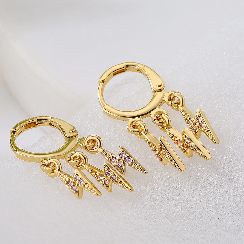 Minimalist Geometric Lightning-Shaped Earrings for Women Made of Brass with 18K Gold Plating and Zircon Inlay
