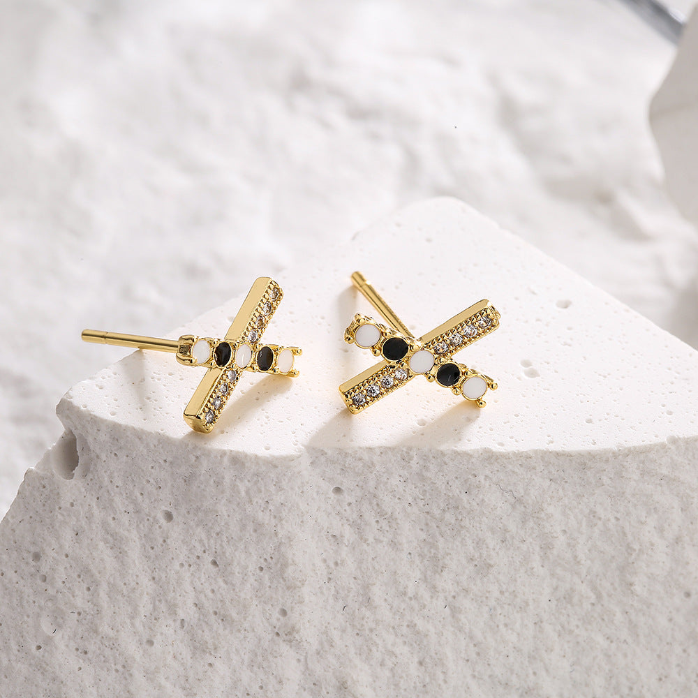 Minimalist Geometric Copper Earrings with 18K Gold Plating and Enamel Finish, Zircon Inlay, Women's Elegant Stud Earrings