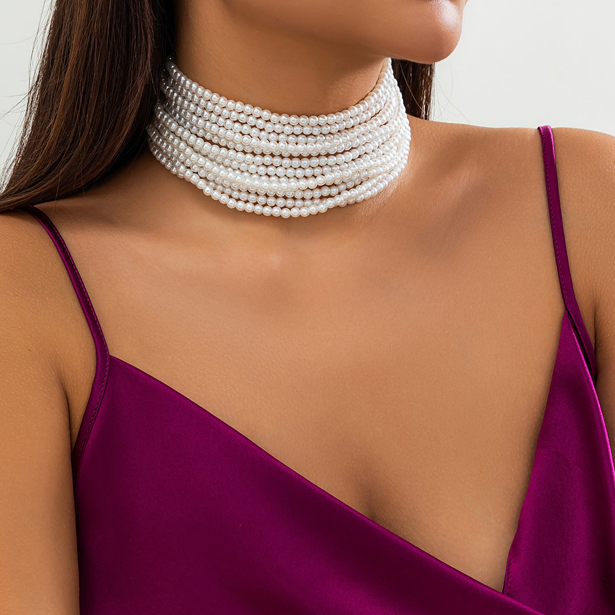 Vintage Multi-Layer Faux Pearl Ball Chain Choker Necklace for Women