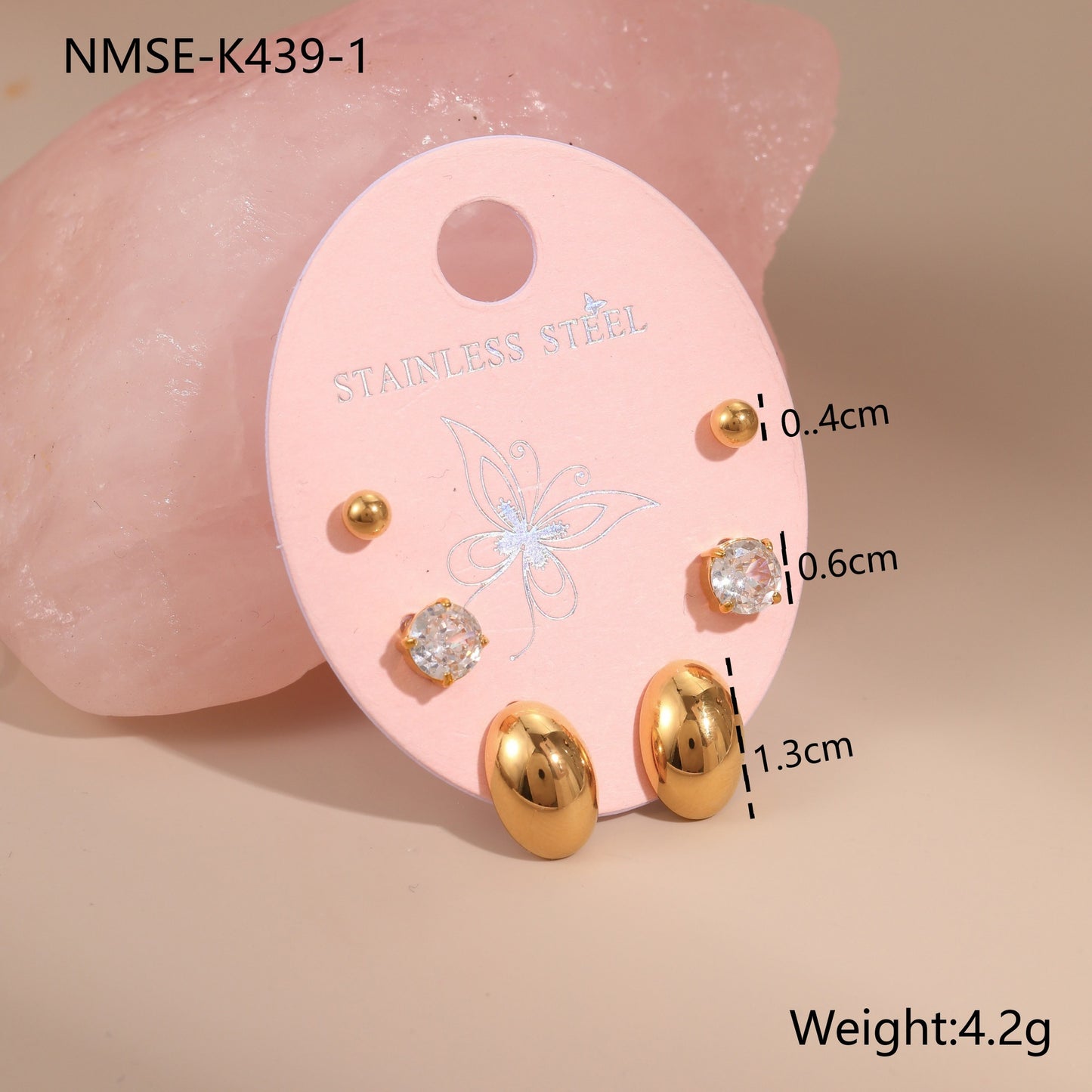 Orecchini a perno geometrici in acciaio inossidabile da donna, set da tre con intarsi di strass