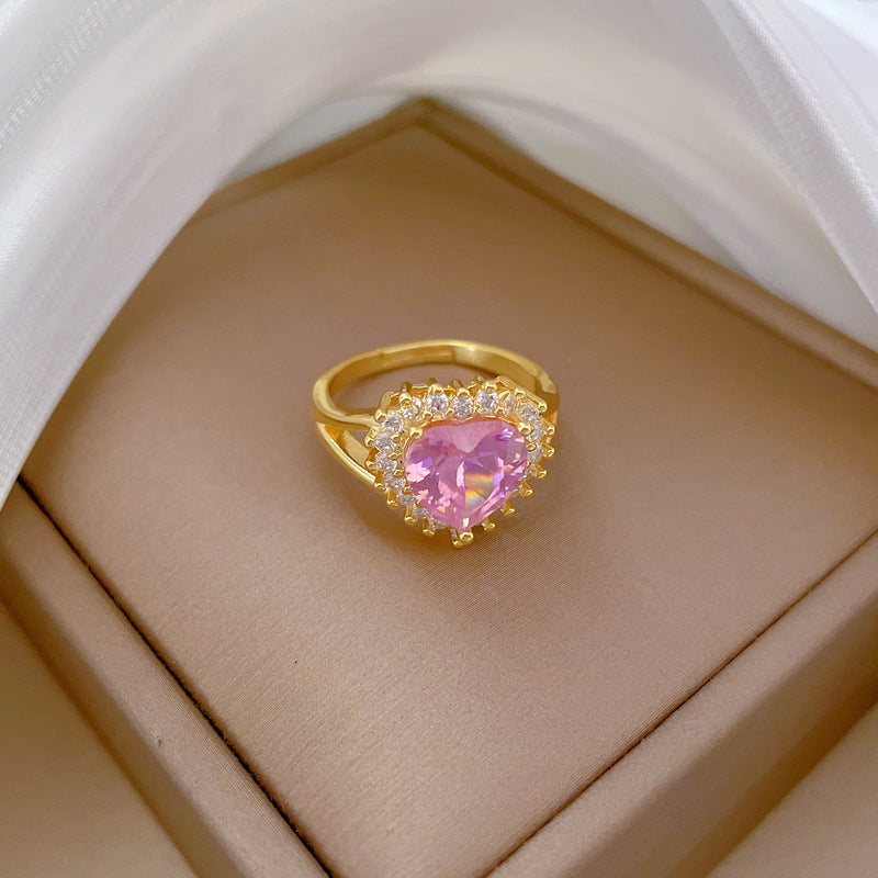 Heart-Shaped Pink Adjustable Ring Brass Plated Kawaii Fresh and Sweet Women's Band
