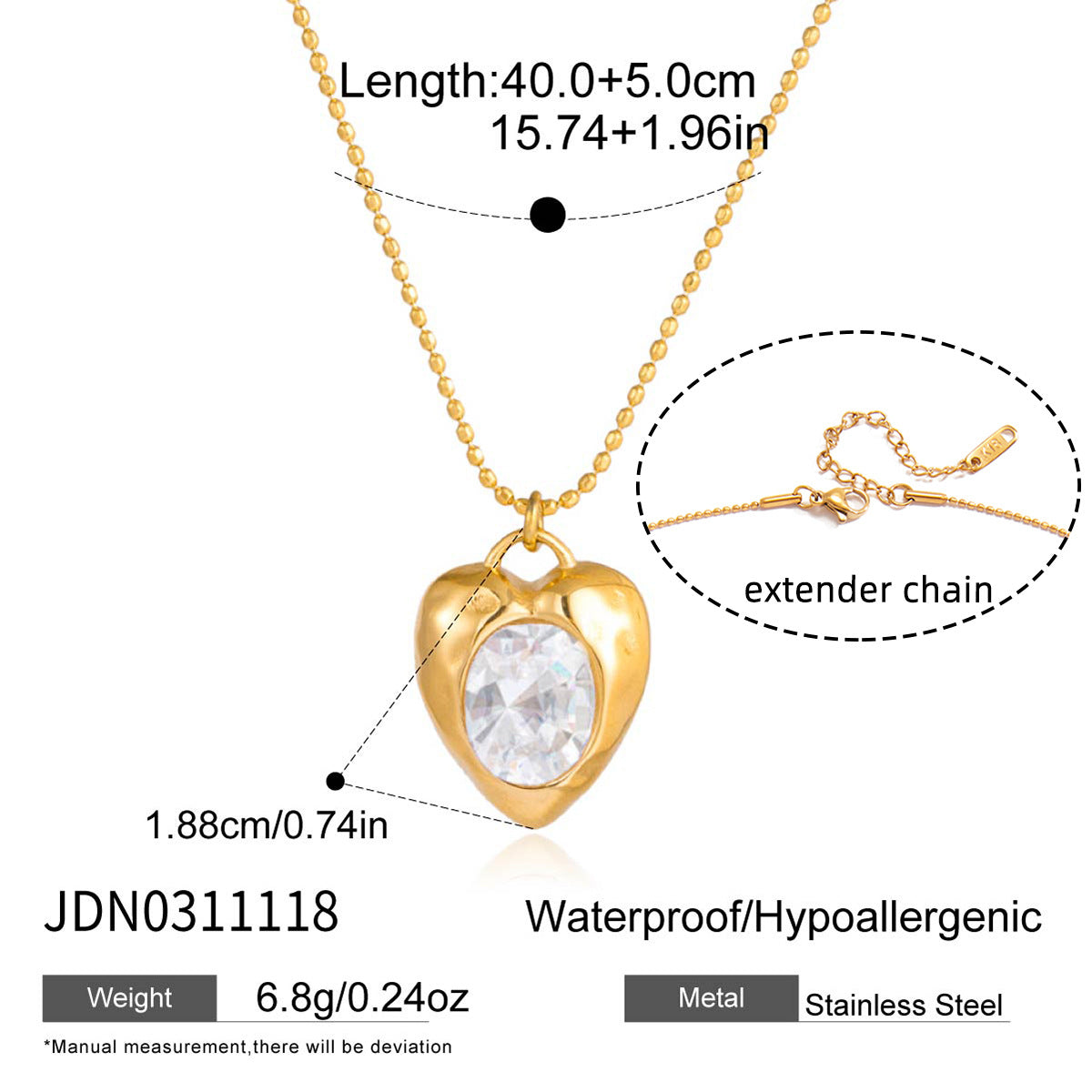 18K Gold Plated Stainless Steel Heart Necklace with Cubic Zirconia for Women