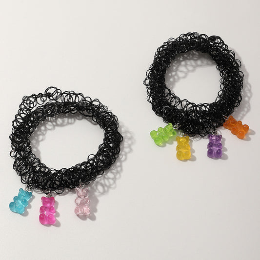 Cute Bear-Shaped Resin Choker Necklace for Kids with Elastic Net Cord, Multi-Wear Jewelry Set