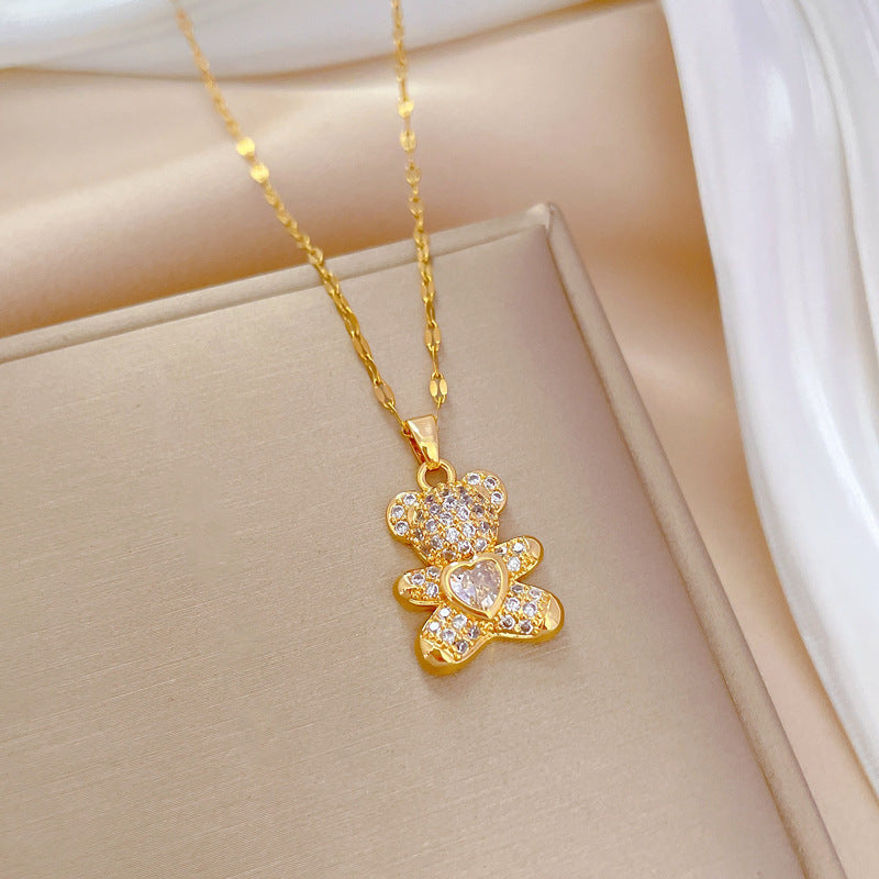 Luxury Titanium Steel Geometric Bear Pendant Necklace for Women with Rhinestone Inlay, Adjustable 21-50 cm Stainless Steel Chain, Dainty Clavicle Jewelry