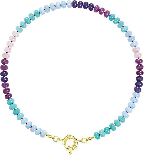 Sweet 8mm Natural Stone Bead Necklace Stainless Steel Geometric Round Ball Chain for Women