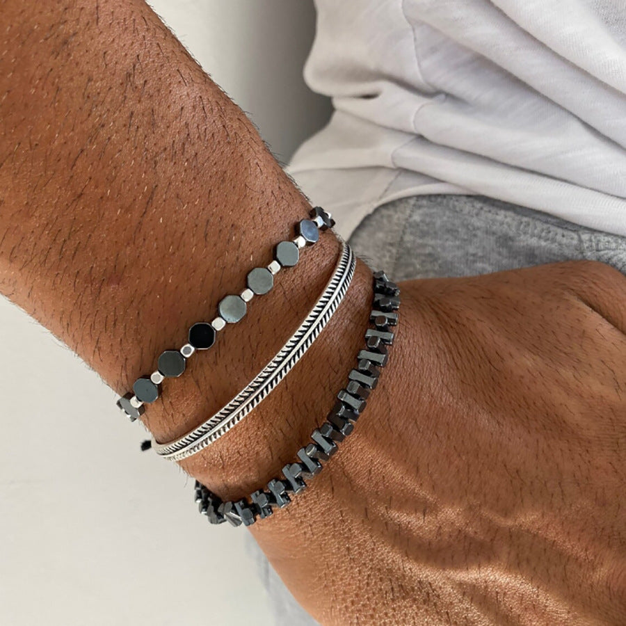 Bracciale elasticizzato con perline geometriche esagonali in ossidiana nera e occhio di tigre, da uomo e unisex, accessorio casual da lavoro e alla moda