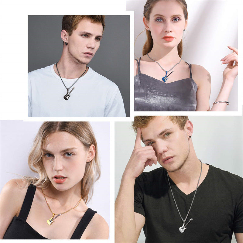 Natural Style Geometric Guitar Pendant Necklace for Unisex in Stainless Steel with Polished Titanium Steel Charm