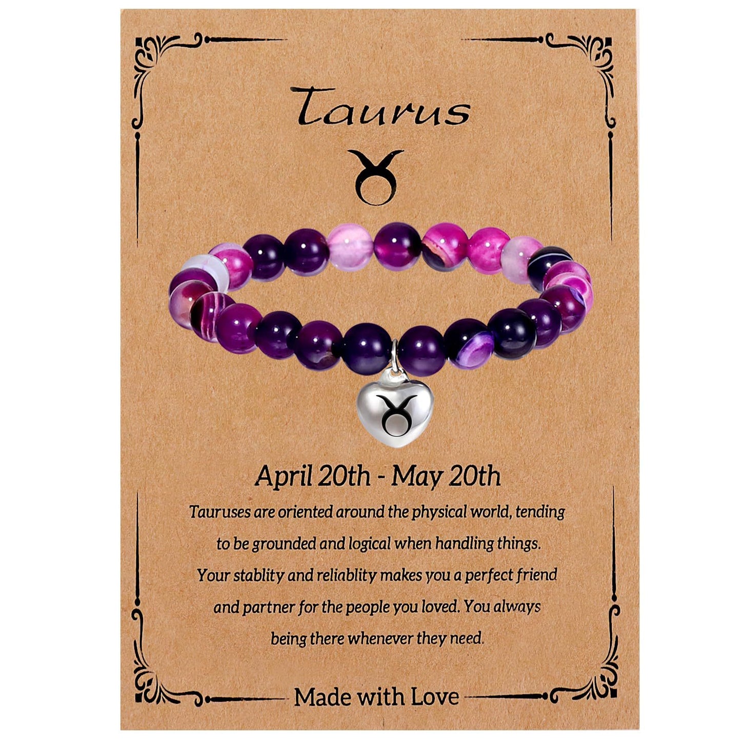 Elegant Heart Shape Agate Beaded Charm Bar for Women Zodiac Natural Stone Birthday Gift