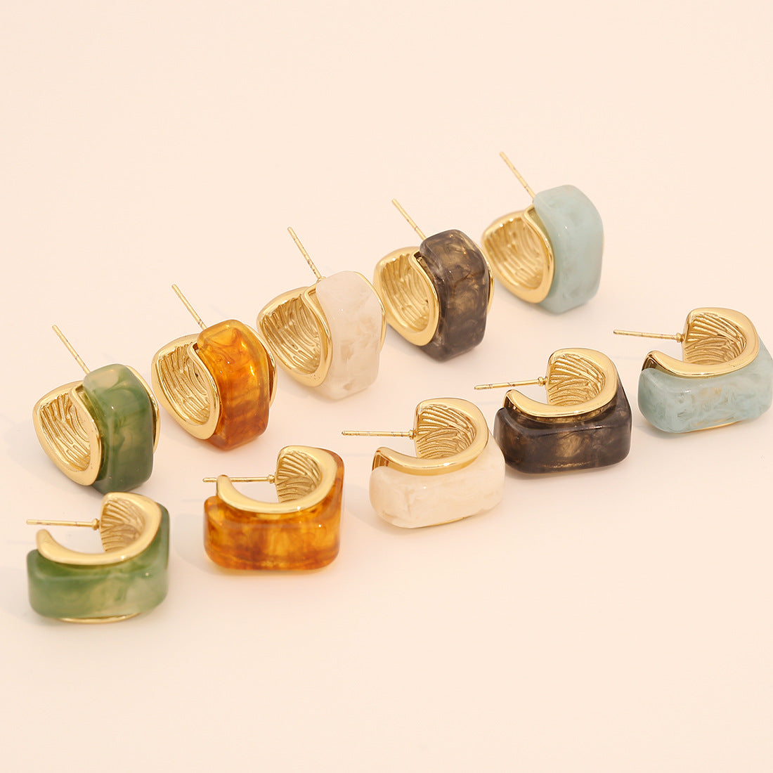 Vintage Geometric Square Resin-Look Earrings for Women Stainless Steel Studs with Plating Finish
