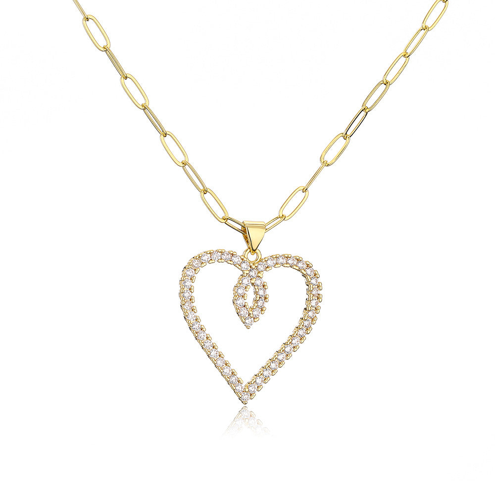 Minimalist Hollow Heart Pendant Necklace in Copper with Real Gold Plating and Zircon Inlay for Women