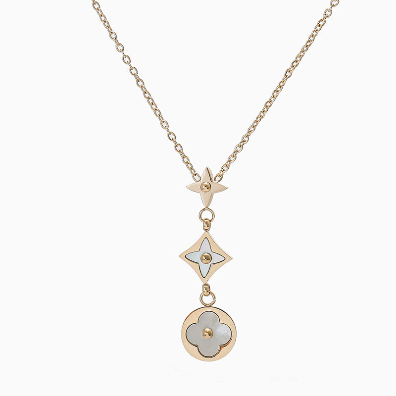 Collana corta da donna con catena a perline, placcata in oro rosa, in acciaio al titanio, con motivo floreale geometrico naturale