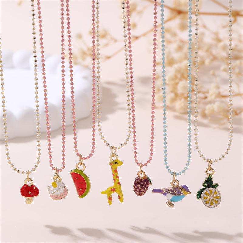 Cute Giraffe Pendant Necklace for Girls with Bowknot Design, Glass Bead Accents, Alloy Charm, Sweet Floral Pattern, Adjustable Length Chain