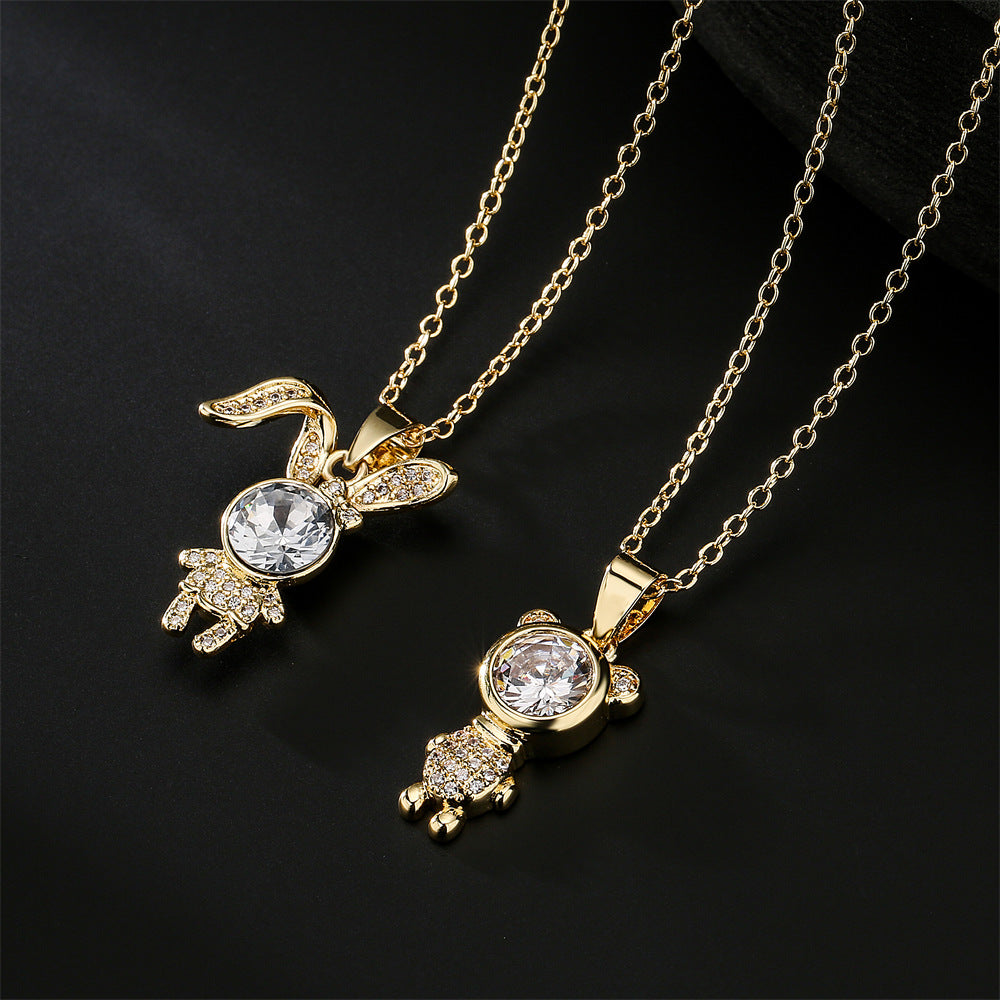 Collana Pendente con Animali Carini da Donna con Base in Rame Placcata in Oro 18K con Ciondoli a Orso e Coniglio