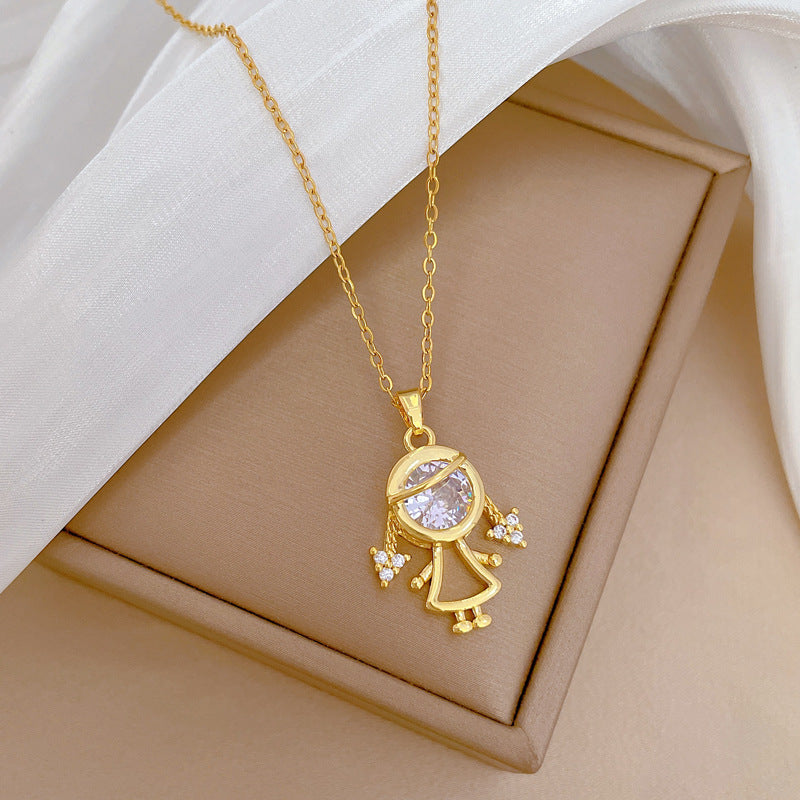 Luxury Titanium Steel Geometric Moon Pendant Necklace for Women with Rhinestone Inlay, Adjustable Titanium Steel Chain, Elegant Clavicle Jewelry