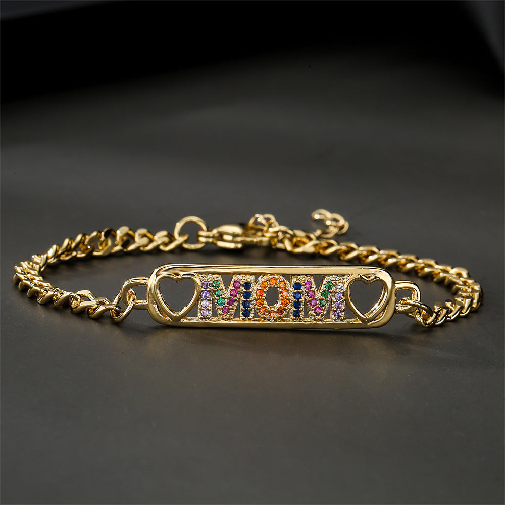 Geometric Brass Gold Plated Cubic Zirconia MOM Bracelet for Women