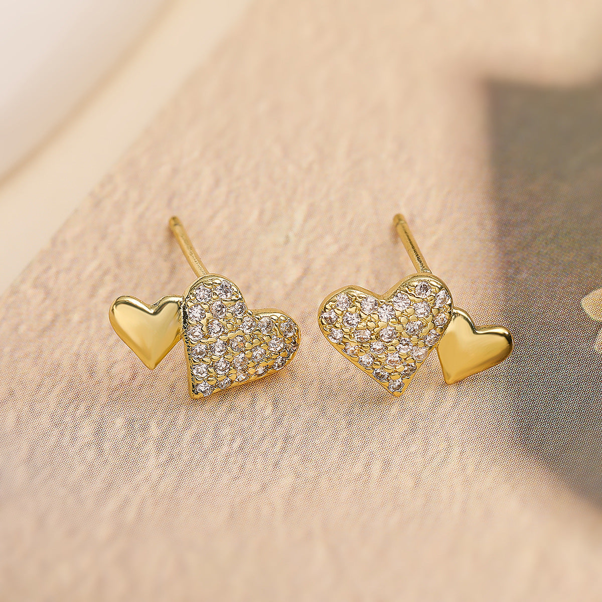 Minimalist Heart-Shaped Copper Earrings with 18K Gold Plating and Micro-Paved Zirconia for Women