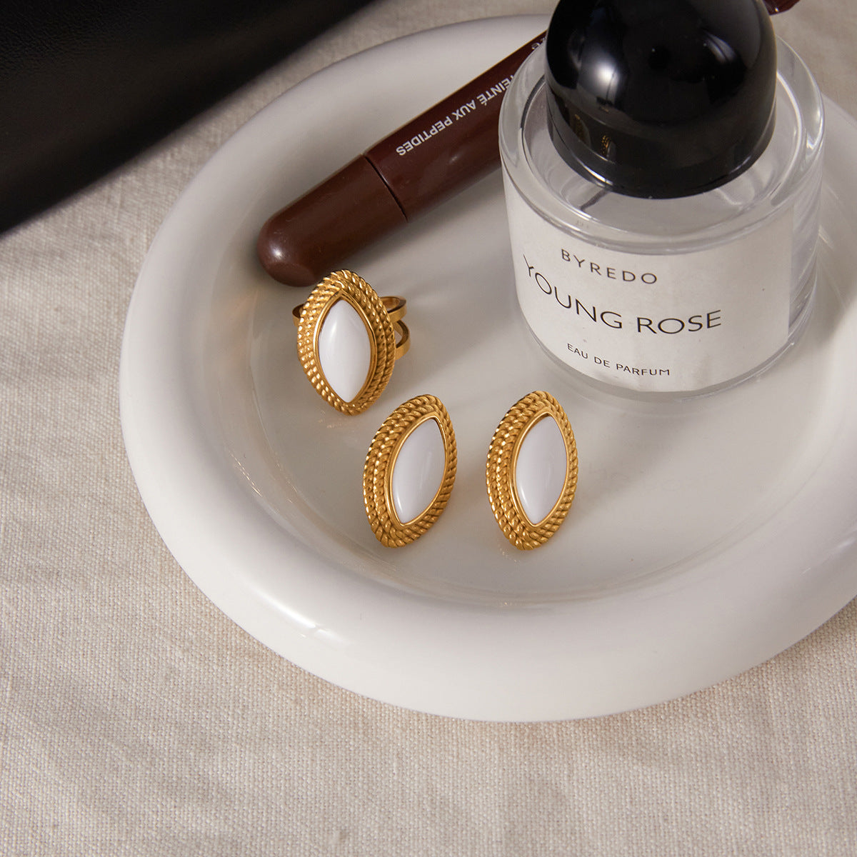 Anello da donna ovale in acciaio inossidabile placcato oro 18K vintage con agata geometrica