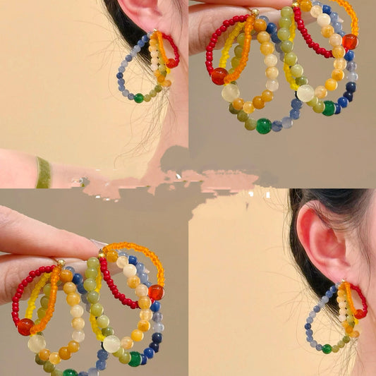 Orecchini Rotondi Geometrici in Pietra Naturale Stile Vintage con Perni in Argento Sterling 925 da Donna