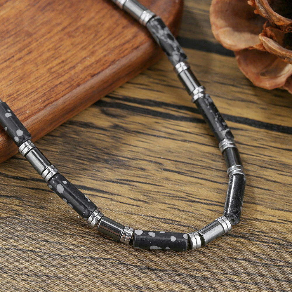 Geometric Round Stainless Steel Hematite Agate Beaded Necklace Cable Chain Unisex
