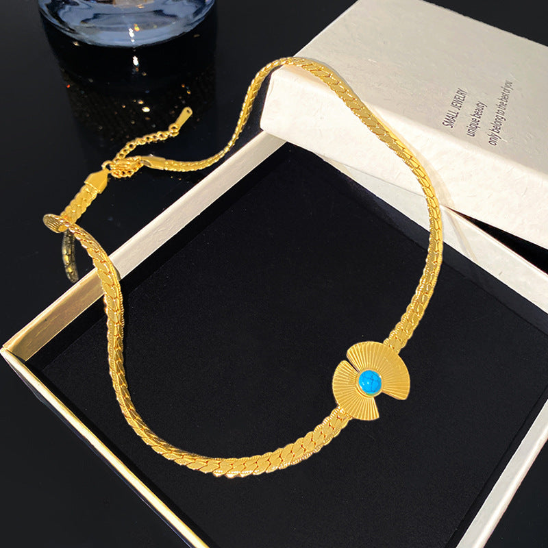Vintage Geometric Fan Shape Titanium Steel Plated Snake Rope Chain Necklace with Cubic Zirconia